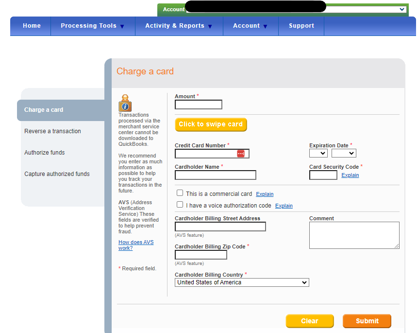 QuickBooks Merchant Center Charge a Card