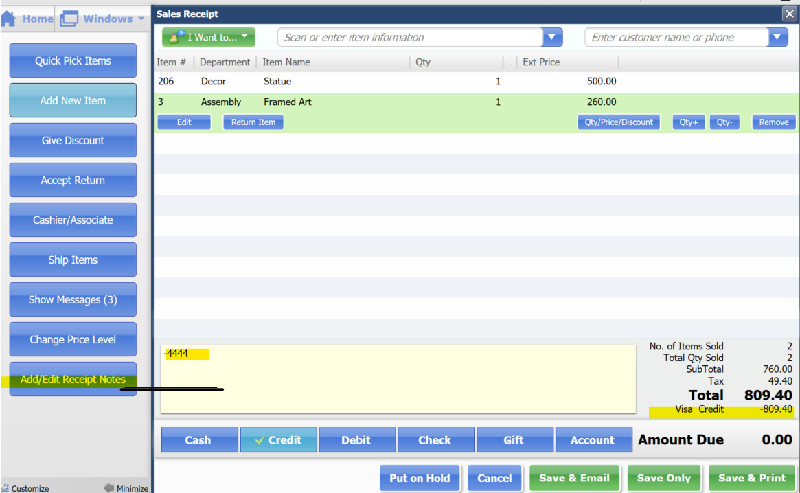 QuickBooks Point of Sale - add a note