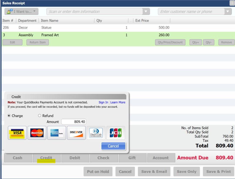 QuickBooks Point of Sale - select the credit card type